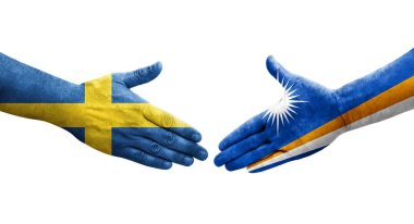 Marshall Adaları ile İsveç bayrakları arasında el sıkışma, izole şeffaf görüntü.