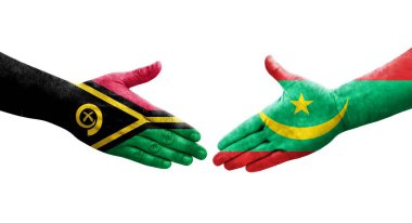 Moritanya ve Vanuatu bayrakları arasındaki el sıkışma ellerinde izole şeffaf görüntü.