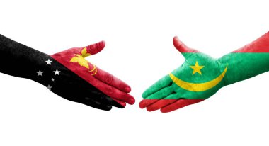 Moritanya ve Papua Yeni Gine bayrakları arasındaki el sıkışma ellerinde resmedilmiş şeffaf görüntü.