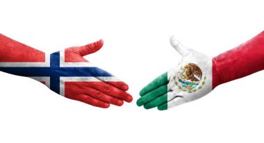 Meksika ve Norveç bayrakları arasındaki el sıkışma ellerinde resmedilmiş şeffaf bir görüntü.