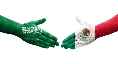 Meksika ve Suudi Arabistan bayrakları arasında el sıkışma, izole edilmiş şeffaf görüntü.