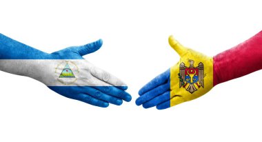 Moldova ile Nikaragua bayrakları arasındaki el sıkışma, izole şeffaf görüntü.