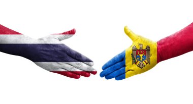 Moldova ile Tayland bayrakları arasında el sıkışma, izole şeffaf görüntü.