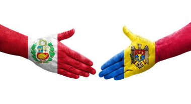 Ellerinde Moldova ve Peru bayrakları arasında el sıkışma, izole şeffaf görüntü.