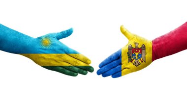 Moldova ile Ruanda bayrakları arasındaki el sıkışma, izole şeffaf görüntü.