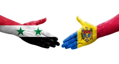 Moldova ile Suriye bayrakları arasındaki el sıkışma, izole edilmiş şeffaf görüntü.