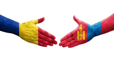 Moğolistan ve Romanya bayrakları arasındaki el sıkışma, izole edilmiş şeffaf görüntü.