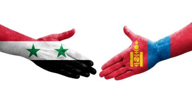 Ellerinde Moğolistan ve Suriye bayrakları arasında el sıkışma, izole saydam görüntü.