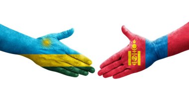 Moğolistan ve Ruanda bayrakları arasında el sıkışma, izole şeffaf görüntü.