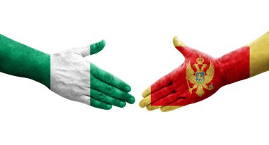 Karadağ ile Nijerya bayrakları arasında el sıkışma, izole edilmiş şeffaf görüntü.