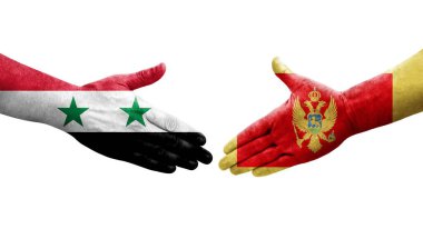 Karadağ ile Suriye bayrakları arasındaki el sıkışma, izole edilmiş şeffaf görüntü.