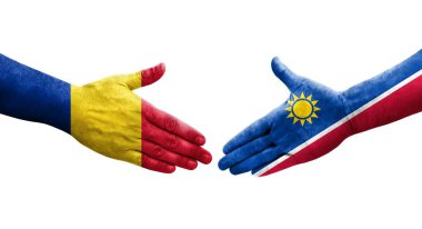 Ellerinde Namibya ve Romanya bayrakları arasında el sıkışma, izole edilmiş şeffaf görüntü.