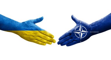 Ellerinde Nato ve Ukrayna bayrakları arasında el sıkışma, izole şeffaf görüntü.