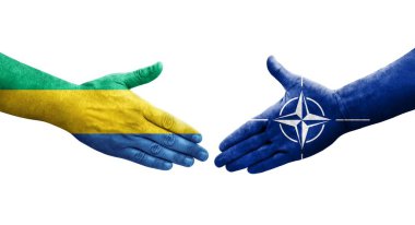 Ellerinde Nato ve Gabon bayrakları arasında el sıkışma, izole şeffaf görüntü.