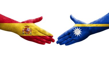 Ellerinde Nauru ve İspanya bayrakları arasında el sıkışma, izole şeffaf görüntü.