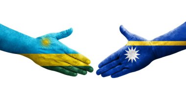 Nauru ve Ruanda bayrakları arasındaki el sıkışma ellerinde resmedilmiş şeffaf görüntü.
