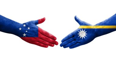 Ellerinde Nauru ve Samoa bayrakları arasında el sıkışma, izole şeffaf görüntü.