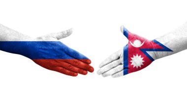 Nepal ve Rusya arasındaki el sıkışma ellerinde bayraklar, izole edilmiş şeffaf görüntü.