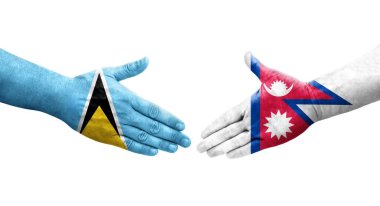 Nepal ve Saint Lucia bayrakları arasındaki tokalaşma elleri boyalı, izole şeffaf görüntü.