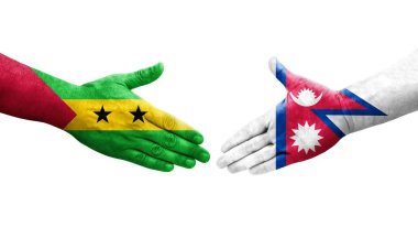 Nepal ve Sao Tome ve Principe bayrakları arasındaki tokalaşma elleri boyalı, izole şeffaf görüntü.