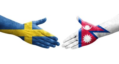 Ellere boyanmış Nepal ve İsveç bayrakları arasındaki el sıkışma, izole şeffaf görüntü.