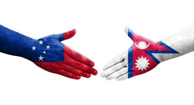 Ellere boyanmış Nepal ve Samoa bayrakları arasındaki el sıkışma, izole saydam görüntü.