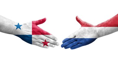 Hollanda ile Panama bayrakları arasındaki el sıkışma, izole şeffaf görüntü.