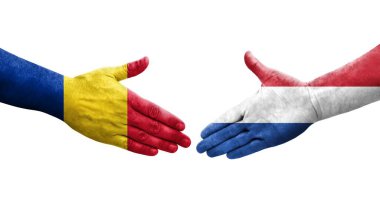 Hollanda ile Romanya bayrakları arasındaki el sıkışma, izole edilmiş şeffaf görüntü.