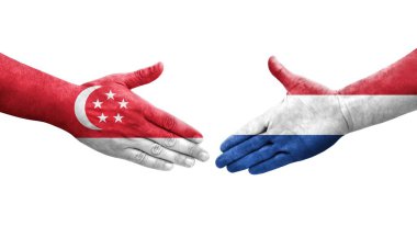 Hollanda ve Singapur bayrakları arasındaki el sıkışma ellerinde resmedilmiş şeffaf görüntü.