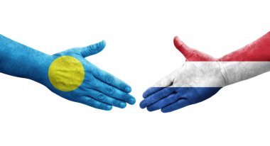 Hollanda ve Palau bayrakları arasındaki el sıkışma ellerinde resmedilmiş şeffaf görüntü.