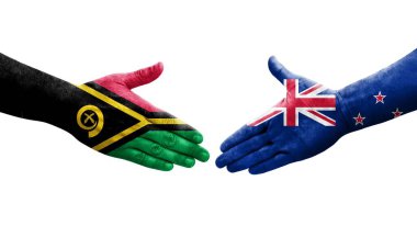 Yeni Zelanda ve Vanuatu bayrakları arasında el sıkışma, izole şeffaf görüntü.