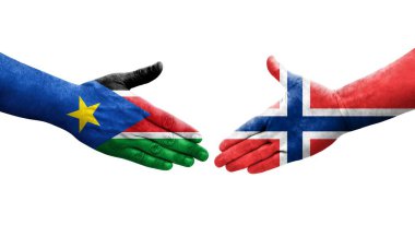 Norveç ve Güney Sudan bayrakları arasındaki el sıkışma ellerinde resmedilmiş şeffaf görüntü.