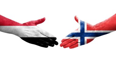 Norveç ve Yemen bayrakları arasındaki el sıkışma ellerinde resmedilmiş şeffaf görüntü.