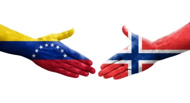 Norveç ve Venezuela bayrakları arasındaki el sıkışma ellerinde resmedilmiş şeffaf görüntü.