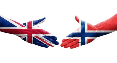 Norveç ve Birleşik Krallık bayrakları arasındaki el sıkışma ellere boyanmış, izole şeffaf görüntü.