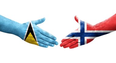 Norveç ve Saint Lucia bayrakları arasındaki el sıkışma ellere boyanmış, izole şeffaf görüntü.