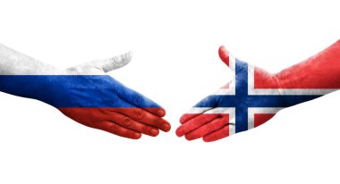 Norveç ve Rusya arasındaki el sıkışma ellerinde bayraklar, izole edilmiş şeffaf görüntü.