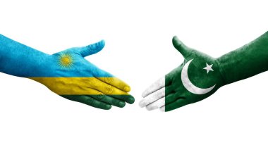 Pakistan ve Ruanda bayrakları arasında el sıkışma, izole şeffaf görüntü.