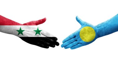 Palau ve Suriye bayrakları arasındaki el sıkışma, izole şeffaf görüntü.