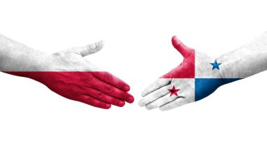 Panama ile Polonya arasındaki el sıkışma ellerinde bayraklar, izole edilmiş şeffaf görüntü.