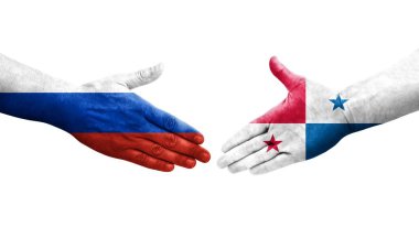 Panama ve Rusya arasındaki el sıkışma ellerinde bayraklar, izole edilmiş şeffaf görüntü.