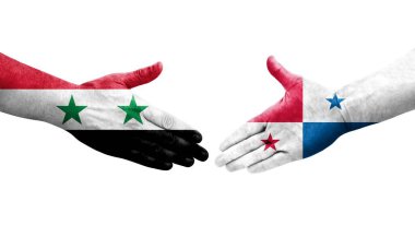 Panama ve Suriye bayrakları arasında el sıkışma, izole şeffaf görüntü.