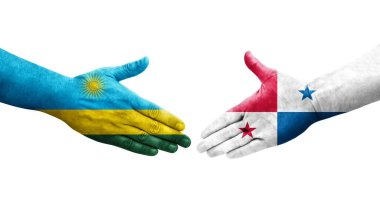 Panama ve Ruanda bayrakları arasındaki tokalaşma elleri boyalı, izole şeffaf görüntü.