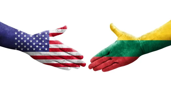Händedruck Zwischen Litauen Und Usa Flaggen Auf Hände Gemalt Isoliertes — Stockfoto