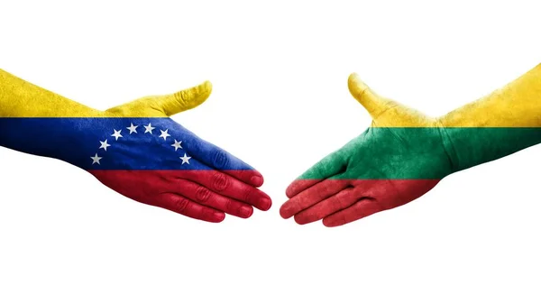 立陶宛和委内瑞拉之间握手 手绘国旗 孤立透明的形象 — 图库照片