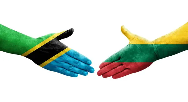 Aperto Mão Entre Lituânia Tanzânia Bandeiras Pintadas Mãos Imagem Transparente — Fotografia de Stock