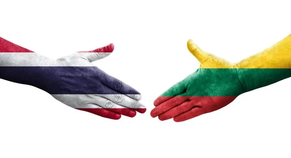 Händedruck Zwischen Litauischen Und Thailändischen Flaggen Auf Hände Gemalt Isoliertes — Stockfoto