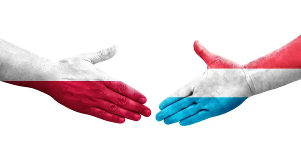 Kézfogás Luxemburg Lengyelország Között Kézre Festett Zászlók Elszigetelt Átlátszó Kép — Stock Fotó