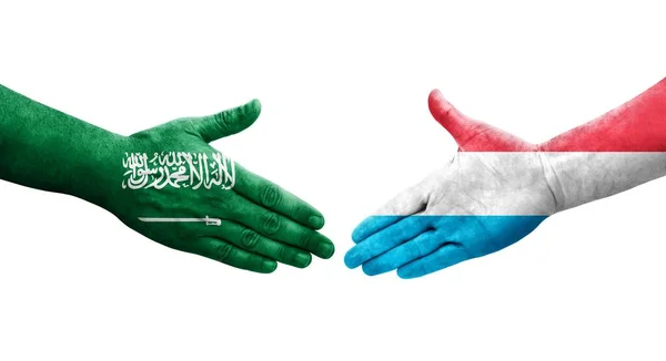 Рукопожатие Между Флагом Люксембурга Саудовской Аравии Нарисованное Руках Изолированное Прозрачное — стоковое фото