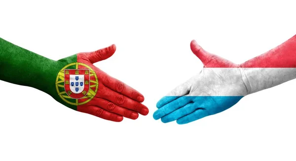 Mano Apretada Entre Luxemburgo Portugal Banderas Pintadas Las Manos Imagen — Foto de Stock